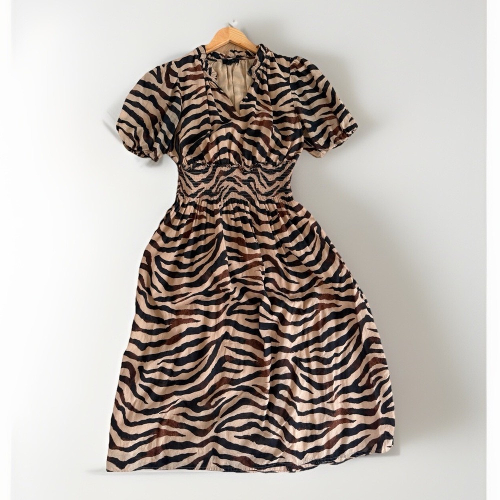 J.Crew Smocked-waist cotton voile dress Size S zebra stripe Animal Print Puff
